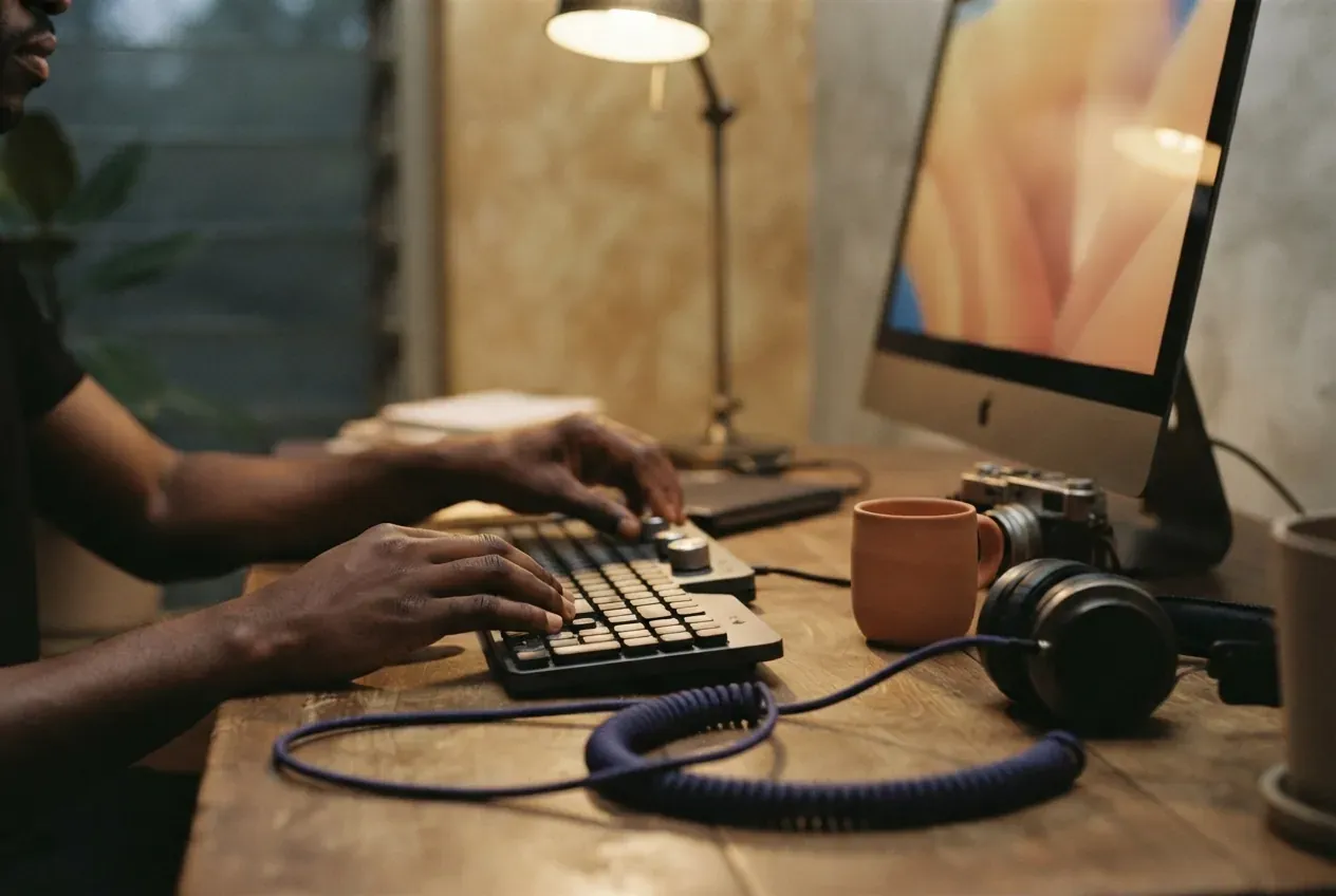 Hands on a keyboard at a desk in the evening, with a monitor, a camera and headphones