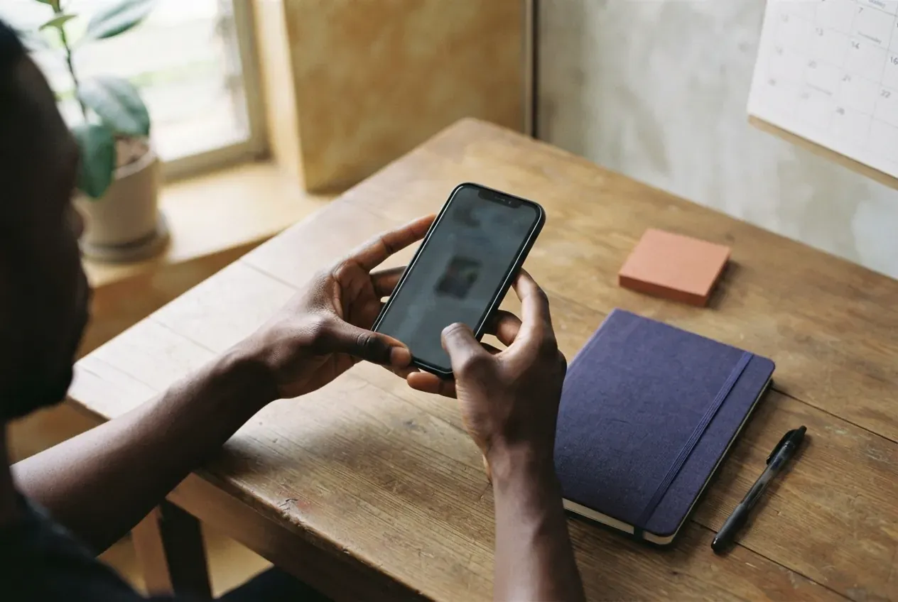 A man at a desk looking at his phone, a notebook beside him and a wall calendar behind