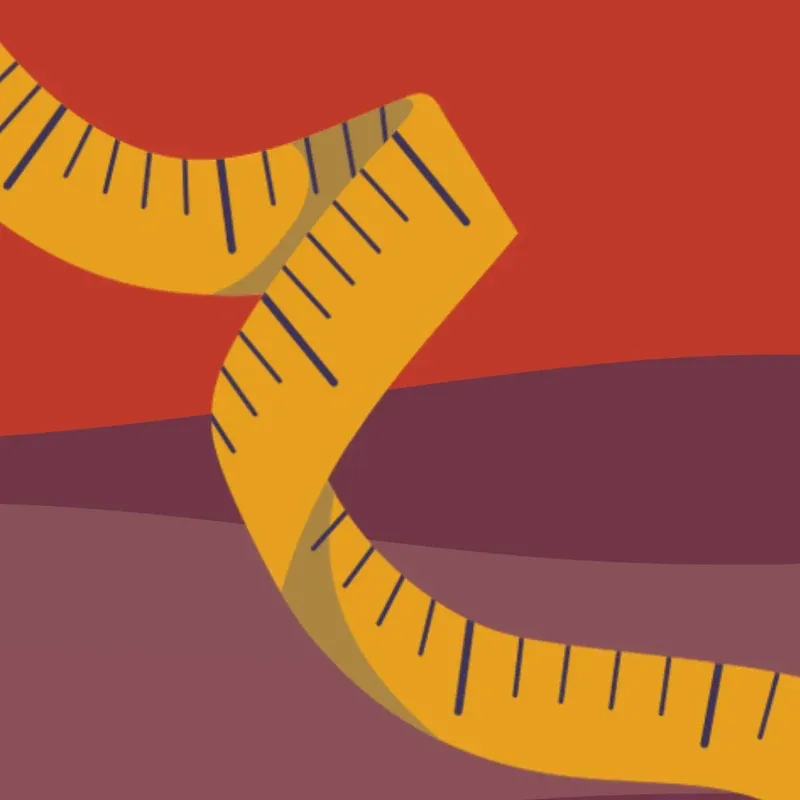 A tape measure curving across a red and purple field