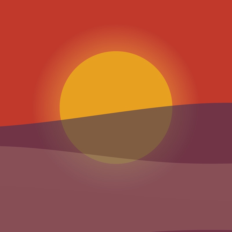 A sun setting over layered red and purple hills